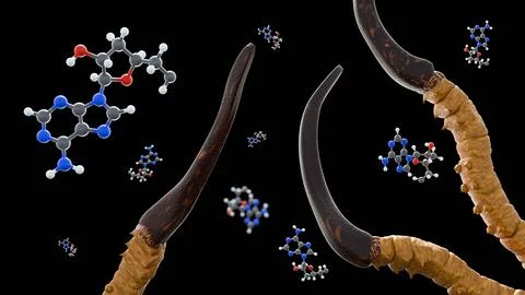 A 3d rendering of cordycepin molecules and cordyceps sinensis. Stock Illustration