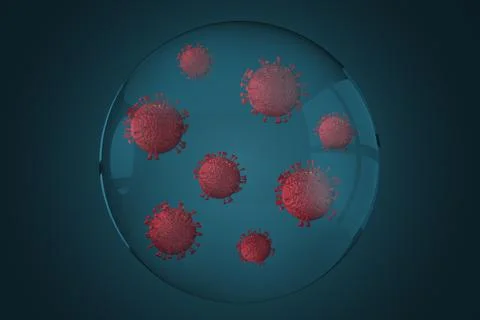 3D rendering of Coronavirus inside bubble. Concept of infect living cell Stock Photos