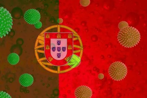 3d rendering of coronavirus microbe cells on the Portugal flag Stock Illustration
