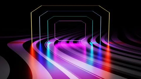 3d rendering corridor composite neon tube glow abstract dark background Stock Illustration