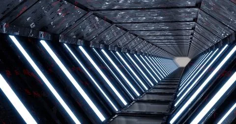 3d rendering. Corridor with neon blue lighting and bright lights at the end. Stock Illustration