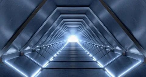 3d rendering. Corridor with neon blue lighting and bright lights at the end. Ilustración de archivo