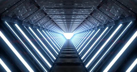 3d rendering. Corridor with neon blue lighting and bright lights at the end. Ilustración de archivo