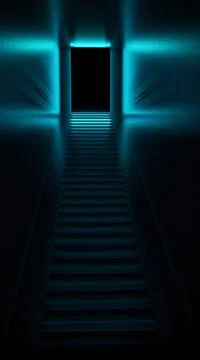 3d rendering of corridor, stairs, lights Abstract blue neon Stock Illustration