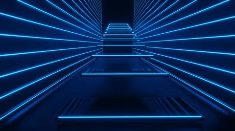 3d rendering of corridor, stairs, lights Abstract blue neon Stock Illustration