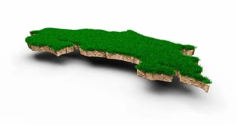 3D rendering of Costa Rica map soil land geology cross section with green grass Stock Illustration