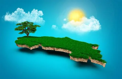 3D rendering of Costa Rica Map with clouds and tree Illustrazione stock
