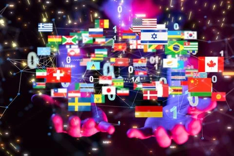 3D rendering of country flags with binary codes over hands-global communication Stock Photos