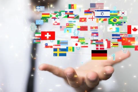 3D rendering of country flags with binary codes over hands-global communication Stock Photos