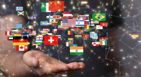 3D rendering of country flags over hand-global communication concept 写真素材