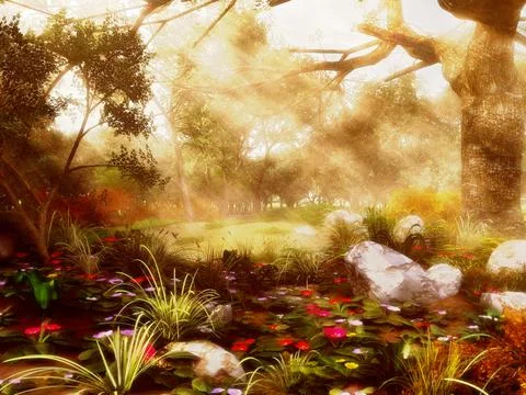 A 3D rendering of the countryside landscape and green fresh grass under the b Stock Illustration
