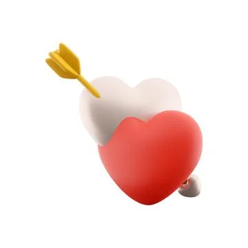 3d rendering couple red hearts pierced by Cupid's arrow icon. 3d rendering Stock Illustration