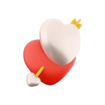 3d rendering couple red hearts pierced by Cupid's arrow icon. 3d rendering Stock Illustration