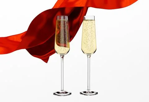 3D rendering couple white glasses of champagne and red drape Stock Illustration