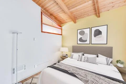 3D rendering of a cozy rustic bedroom interior with bedding sheets in a gray sha Stock Illustration