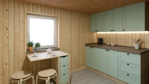 3D rendering of a cozy small kitchen. 스톡 일러스트