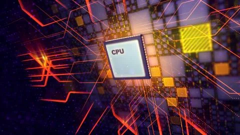 3d rendering of a CPU processor put aslant in the violet backdrop. It is surr Illustrazione stock