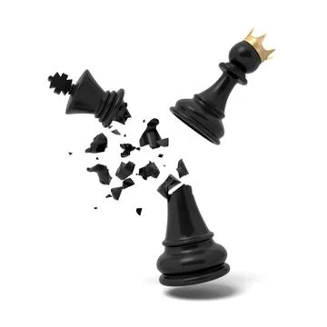3d rendering of a cracked black chess king piece breaks under a flying white Stock Illustration
