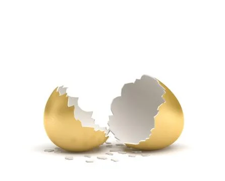 3d rendering of a cracked golden egg with its two pieces lying beside each other Stock Illustration