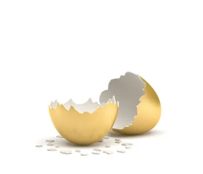 3d rendering of a cracked golden egg with its two pieces lying beside each other Stock Illustration
