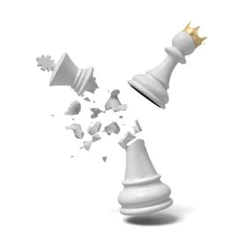 3d rendering of a cracked white chess king piece breaks under a flying white Stock Illustration