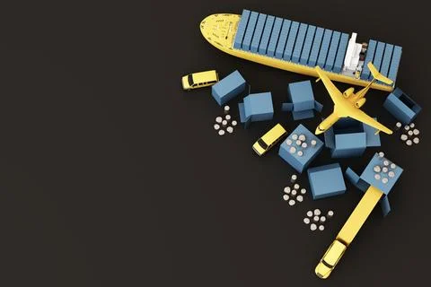 3D rendering of the crate box surrounded by cardboard boxes, a cargo containe Stock Illustration