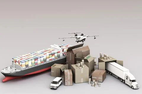 3D rendering of the crate box surrounded by cardboard boxes, a cargo containe Stock Illustration