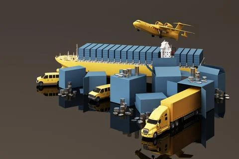3D rendering of the crate box surrounded by cardboard boxes, a cargo containe Stock Illustration