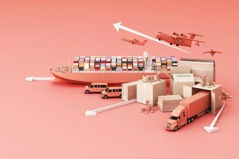 3D rendering of the crate box surrounded by cardboard boxes, a cargo containe Stock Illustration