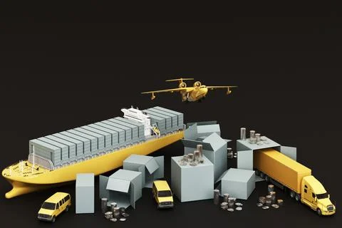3D rendering of the crate box surrounded by cardboard boxes, a cargo containe Stock Illustration