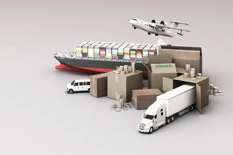 3D rendering of the crate box surrounded by cardboard boxes, a cargo containe Stock Illustration