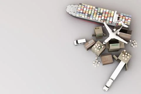 3D rendering of the crate box surrounded by cardboard boxes, a cargo containe Stock Illustration