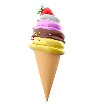 3d rendering cream ice cream with waffle peel and strawberries icon. 3d render Stock Illustration