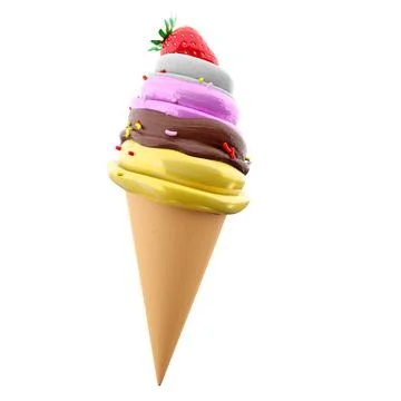 3d rendering cream ice cream with waffle peel and strawberries icon. 3d render Stock-Illustration