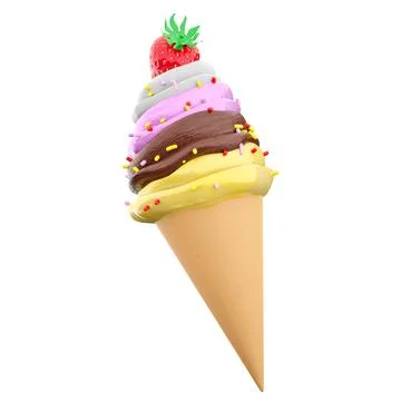3d rendering cream ice cream with waffle peel and strawberries icon. 3d render Stock Illustration