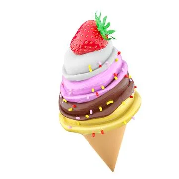 3d rendering cream ice cream with waffle peel and strawberries icon. 3d render Stock Illustration