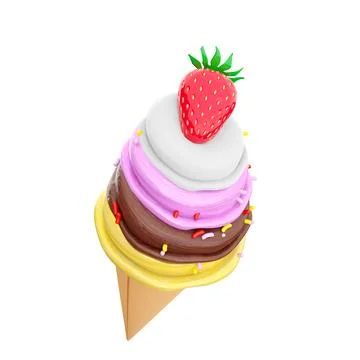 3d rendering cream ice cream with waffle peel and strawberries icon. 3d render 스톡 일러스트