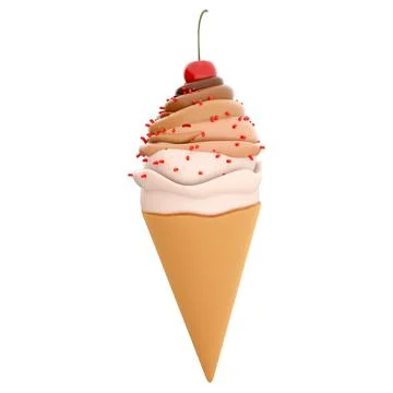 3d rendering cream ice cream with cherry icon. 3d render vanilla-chocolate Stock Illustration
