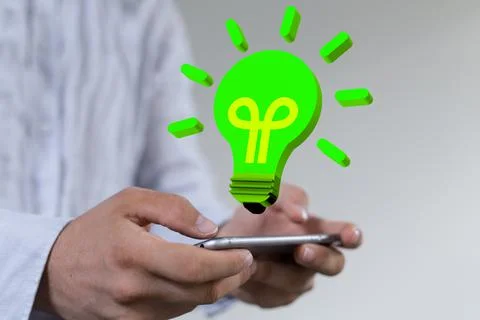 3d rendering of creative bulb sign on a man's hand as a corporate social Stock Photos