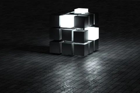 3d rendering, creative cubes with sense of science and technology 스톡 일러스트