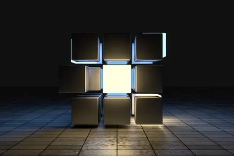 3d rendering, creative cubes with sense of science and technology 스톡 일러스트