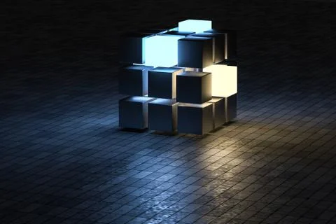 3d rendering, creative cubes with sense of science and technology 스톡 일러스트