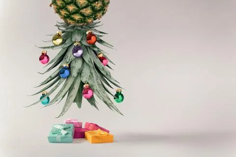 3D rendering of a Creative New Year's composition with a pineapple and Christmas 스톡 일러스트