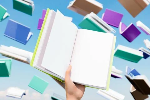 3D rendering of crop person amidst levitating books Stock Illustration