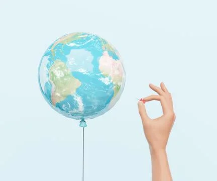 3D rendering of crop person pricking globe balloon with pin Stock Photos