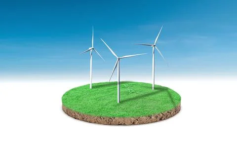 3d rendering. Cross section of green grass with wind turbine over blue sky ba イラスト素材