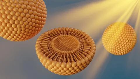 A 3d rendering of cross-section of a lipid bilayer vesicle under radiant light. Stock Illustration