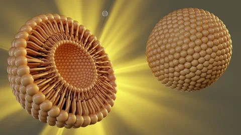 A 3d rendering of cross-section of a lipid bilayer vesicle under radiant light. Stock Illustration