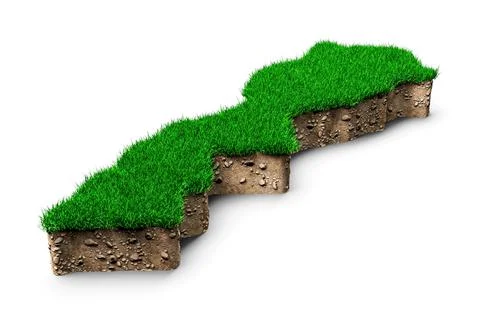 3D rendering of a cross-section of soil with grass in the shape of Moroccan map, Stock Illustration