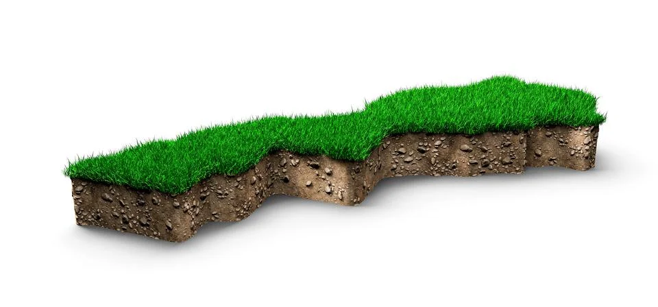 3D rendering of a cross-section of soil with grass in the shape of Moroccan map, Stock Illustration